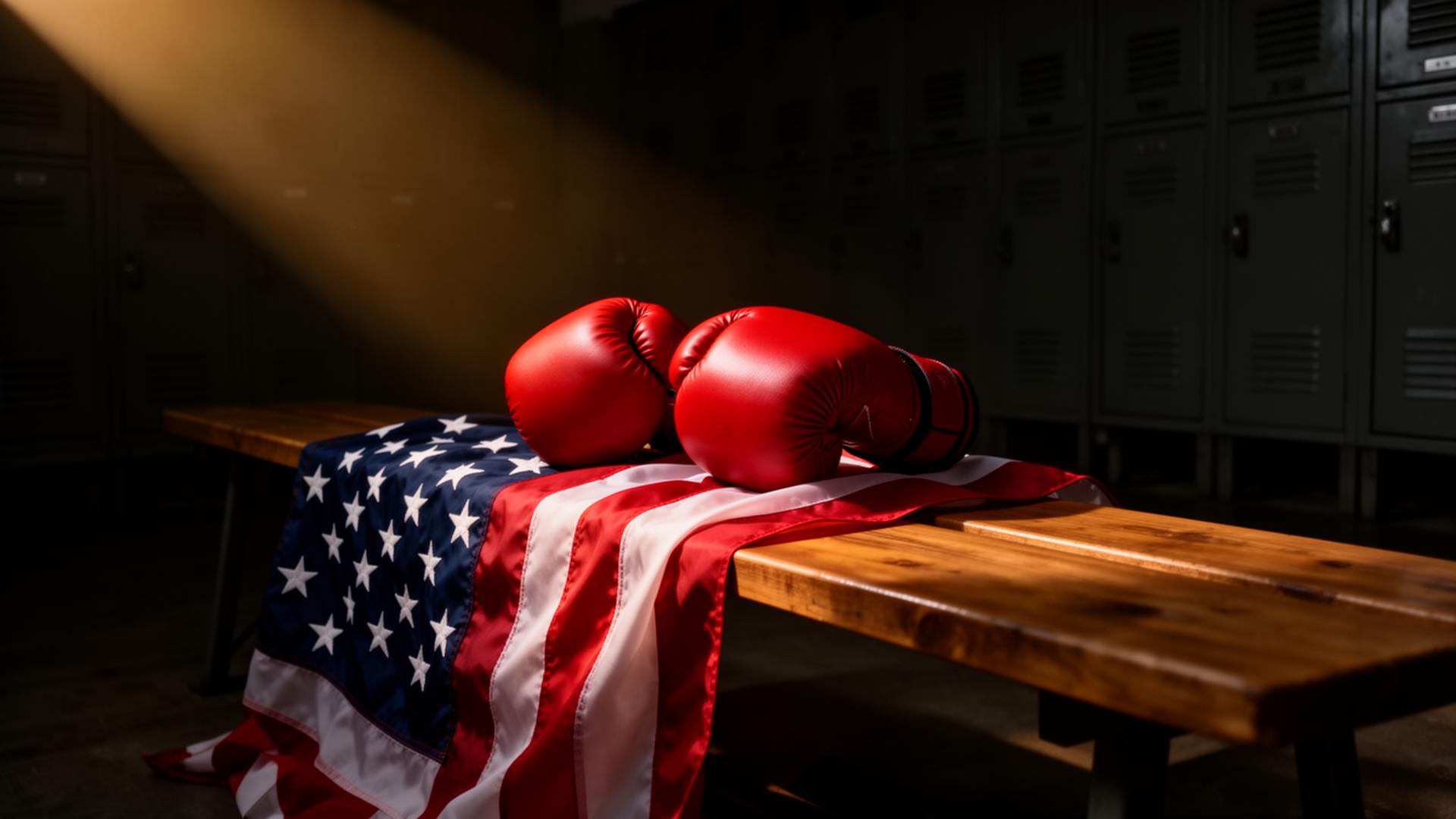 Boxing gloves on American flag in locker room